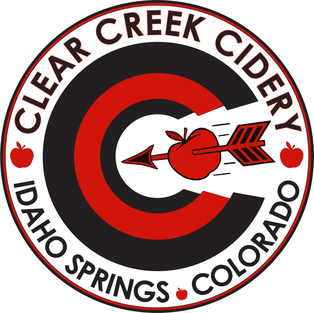A red, white and black logo for clear creek cidery.